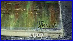 René Perrot Huile sur toile paysage maison bord de l'eau 100 x 50