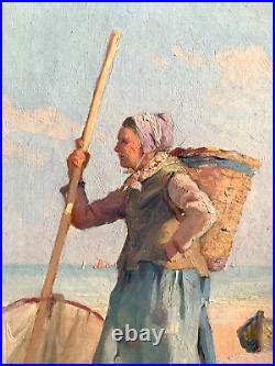 René chretien, peche a la crevette en Normandie, huile sur toile, tableau