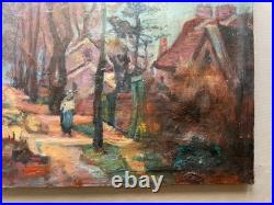 Rue animée, huile sur toile, signature à identifier, tableau ancien, peinture