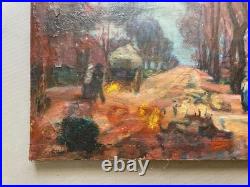 Rue animée, huile sur toile, signature à identifier, tableau ancien, peinture