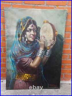 S. A. Halim Femme au Tambourin , Grand Orientaliste peint sur toile
