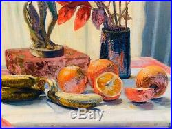Splendide Huile sur toile grand format, nature morte Oranges et banane