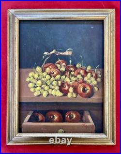 Still Life Oil Painting Grapes Apples Gold Wood Frame Signed