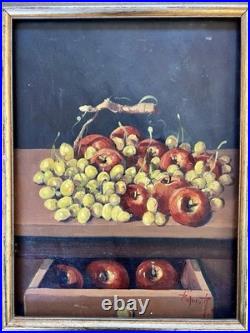 Still Life Oil Painting Grapes Apples Gold Wood Frame Signed