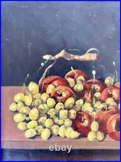 Still Life Oil Painting Grapes Apples Gold Wood Frame Signed