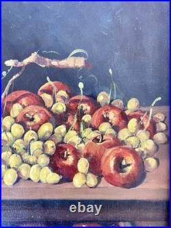 Still Life Oil Painting Grapes Apples Gold Wood Frame Signed