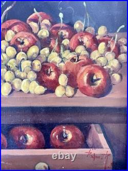 Still Life Oil Painting Grapes Apples Gold Wood Frame Signed