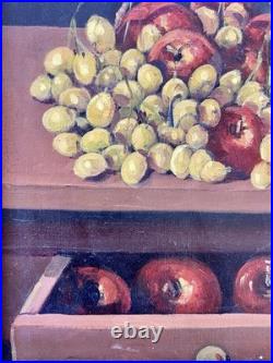 Still Life Oil Painting Grapes Apples Gold Wood Frame Signed