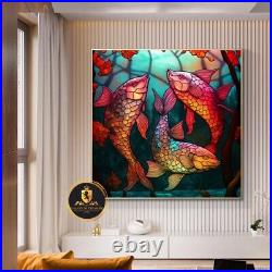 Stretched Print on Canvas, Colorful Japanese Fishes, Stained Glass Style