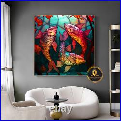 Stretched Print on Canvas, Colorful Japanese Fishes, Stained Glass Style