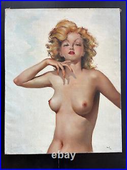 Superbe curiosa grand tableau signé 1941 portrait femme nu féminin pin up