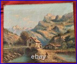 Superbe huile du XIX siècle par Alfred Godchaux paysage animé des pyrénées