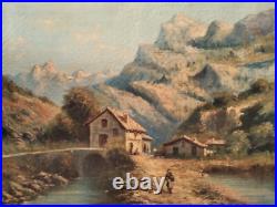 Superbe huile du XIX siècle par Alfred Godchaux paysage animé des pyrénées