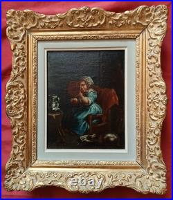 Superbe huile fin du XVIII e siècle école Française Scéne d'intérieur