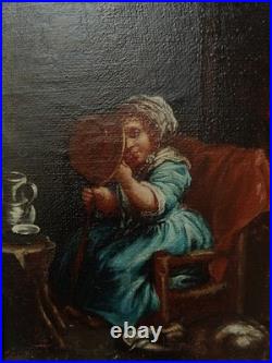 Superbe huile fin du XVIII e siècle école Française Scéne d'intérieur