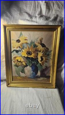 Superbe peinture à l'huile sur toile représentant un beau bouquet de tournesols