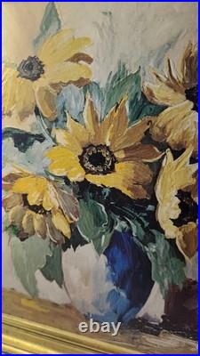 Superbe peinture à l'huile sur toile représentant un beau bouquet de tournesols