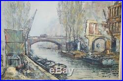TABLEAU HUILE SUR TOILE CANAL SAINT MARTIN PARIS signé Raymond BESSE 1950 cadre