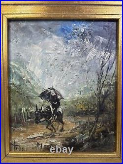 Tableau À L'huile Sur Toile Signé Pittoresque Promenade Sous La Pluie Cadre