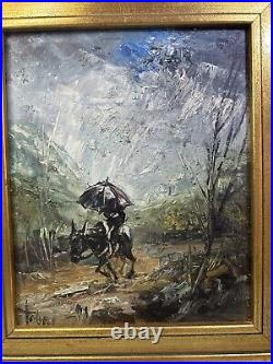 Tableau À L'huile Sur Toile Signé Pittoresque Promenade Sous La Pluie Cadre