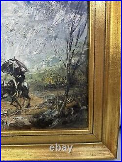 Tableau À L'huile Sur Toile Signé Pittoresque Promenade Sous La Pluie Cadre