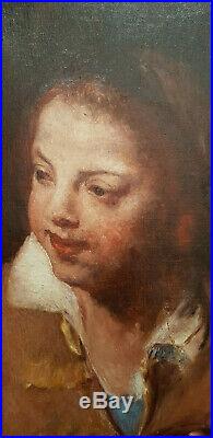 Tableau Ancien 46 x 62 Garçon panier Pommes Portrait Huile Toile Peinture HST FR