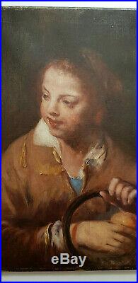 Tableau Ancien 46x62 Garcon panier Pomme Portrait Huile Toile Peinture HST Boy