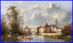 Tableau Ancien Encadré, Paysage De Rivière Animé, Huile Sur Toile, Peinture XIXe