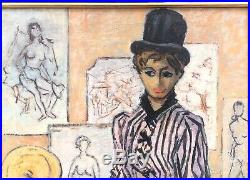 Tableau Ancien Huile Portrait Jeune Femme Eventail Daniel Vacher (1923-2014)