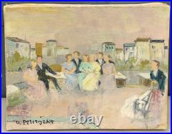 Tableau Ancien Huile Toile Portrait Famille Rassemblement Fête Odette PETITJEAN