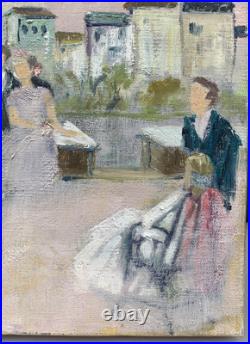 Tableau Ancien Huile Toile Portrait Famille Rassemblement Fête Odette PETITJEAN