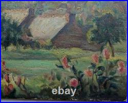 Tableau Ancien Impressionniste Huile sur Toile Paysage Village Fleurs début XXe
