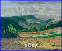 Tableau Ancien Paysage Moissons REX BARRAT Nièvre Bourgogne 60 x 73 cms