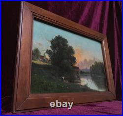 Tableau Ancien Peinture Huile Ecole Francaise de Barbizon Lavandiere Bois XIX 19