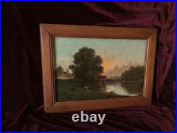 Tableau Ancien Peinture Huile Ecole Francaise de Barbizon Lavandiere Bois XIX 19