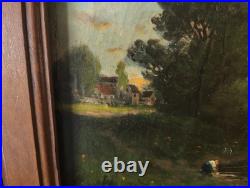 Tableau Ancien Peinture Huile Ecole Francaise de Barbizon Lavandiere Bois XIX 19