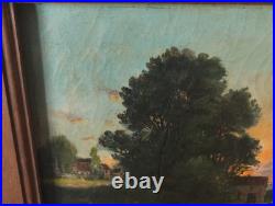 Tableau Ancien Peinture Huile Ecole Francaise de Barbizon Lavandiere Bois XIX 19