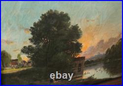 Tableau Ancien Peinture Huile Ecole Francaise de Barbizon Lavandiere Bois XIX 19