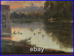 Tableau Ancien Peinture Huile Ecole Francaise de Barbizon Lavandiere Bois XIX 19