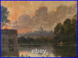 Tableau Ancien Peinture Huile Ecole Francaise de Barbizon Lavandiere Bois XIX 19