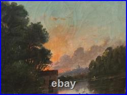Tableau Ancien Peinture Huile Ecole Francaise de Barbizon Lavandiere Bois XIX 19
