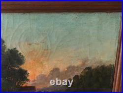 Tableau Ancien Peinture Huile Ecole Francaise de Barbizon Lavandiere Bois XIX 19