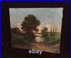 Tableau Ancien Peinture Huile HST Ecole de Barbizon Campagne Romantisme XIX 19