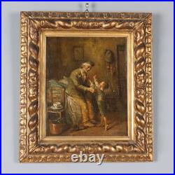 Tableau Ancien Scène avec Grand-Père et Petit Fils XIXe Siècle Original
