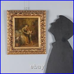 Tableau Ancien Scène avec Grand-Père et Petit Fils XIXe Siècle Original