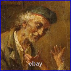 Tableau Ancien Scène avec Grand-Père et Petit Fils XIXe Siècle Original