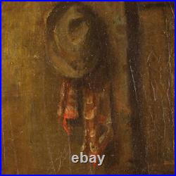 Tableau Ancien Scène avec Grand-Père et Petit Fils XIXe Siècle Original