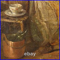 Tableau Ancien Scène avec Grand-Père et Petit Fils XIXe Siècle Original