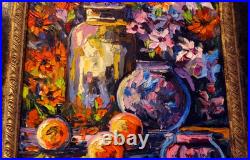 Tableau Armelle ANDREIS HST au couteau nature morte aux couleurs vitaminées