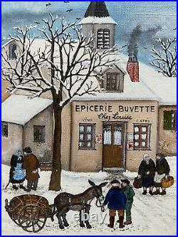 Tableau Art Moderne Naif Village sous la neige Huile signée Jacques Hara né 1933